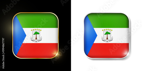 Equatorial Guinea flag shiny golden and silver icons isolated on black and white. Vector 3D square rounded illuminated buttons with shadow. Use for bets, tournament, sport games