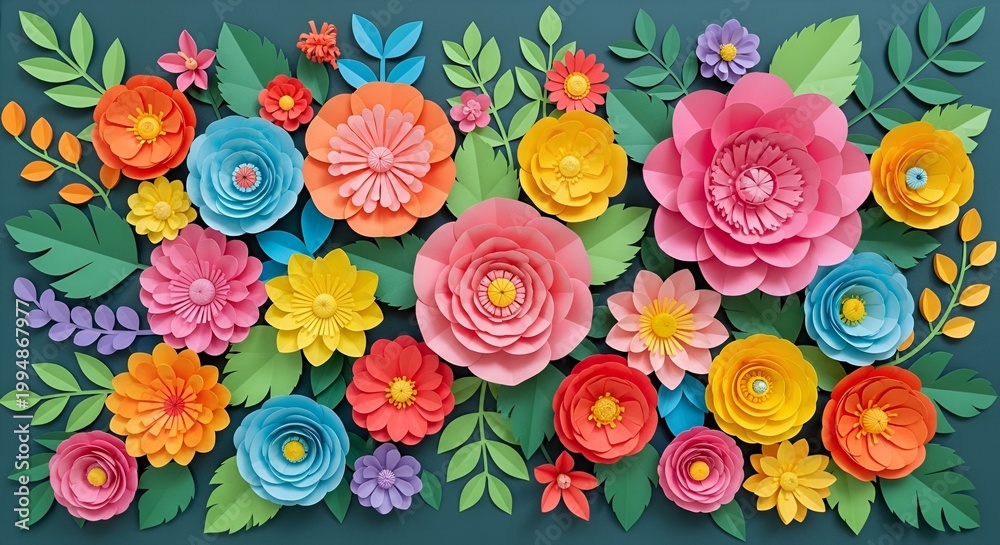 Naklejka premium Vibrant Paper Flowers and Leaves Arrangement on Dark Teal Background
