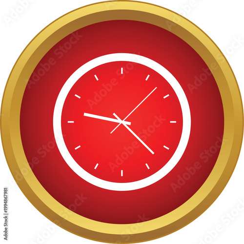 Red circular clock icon with a gold border and white hands displaying the current time