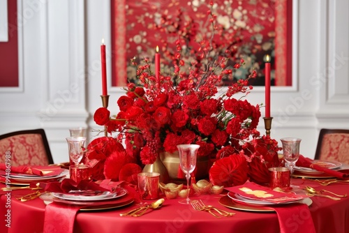 Table Setting for a Festive Event With Red Flowers and Decorations in an Eleg...