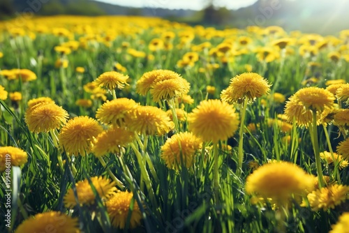 Bright Yellow Dandelions Fill a Large Field Under a Sunny Sky in Springtime