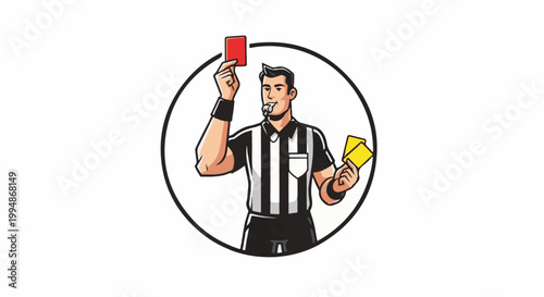 Referee holding red and yellow cards, blowing whistle in circular frame