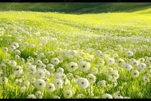 Bright Yellow Dandelions Fill a Large Field Under a Sunny Sky in Springtime
