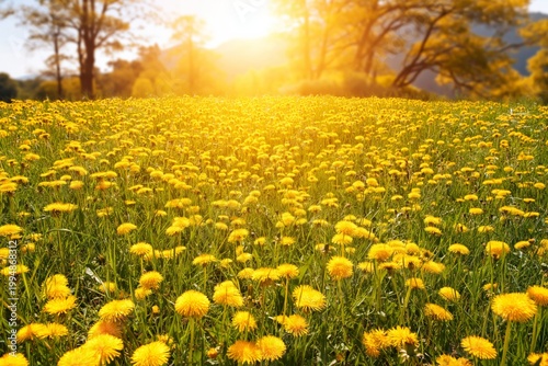 Bright Yellow Dandelions Fill a Large Field Under a Sunny Sky in Springtime