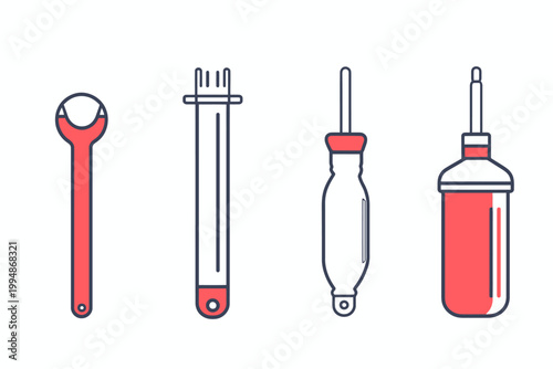 Four stylized tools arranged horizontally, each with a dark outline and red/pink accents