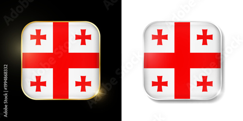 Georgia flag shiny golden and silver icons isolated on black and white. Vector 3D square rounded illuminated buttons with shadow. Use for bets, tournament, sport games