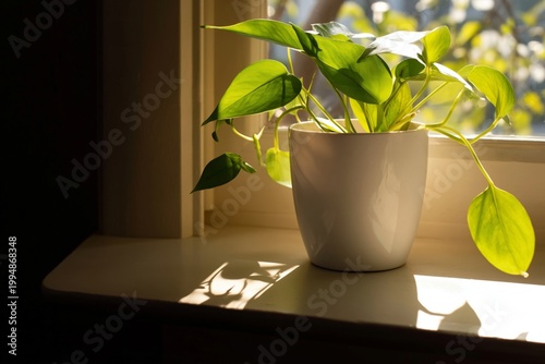 Green Plant on a Windowsill Receiving Sunlight in a Warm Indoor Setting