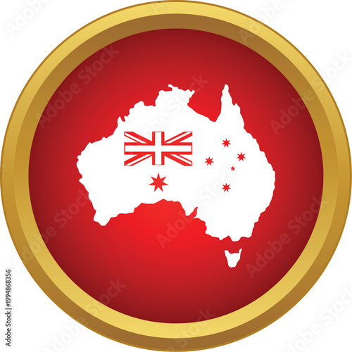 Australia map silhouette featuring elements of the flag set within a red and gold icon