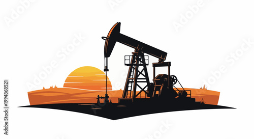 Silhouette of an oil pump jack in a desert landscape at sunset