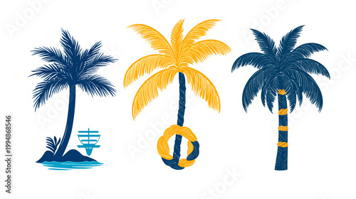Three stylized palm trees in blue and yellow hues on a white background, evoking tropical vibes