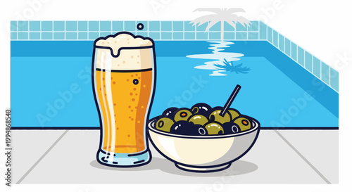 Refreshing beer and olives by a sunny swimming pool