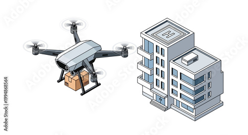 Isometric Drone Delivery Illustration Carrying Package to Office Building, Autonomous UAV Logistics and Future Shipping Technology Concept