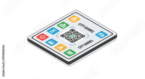 Isometric City Guide Plaque with QR Code and Colorful Travel Icons for Smart Tourism and Digital Navigation