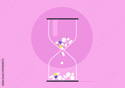 Colorful pills swirl inside a transparent hourglass, set against a soft pink background, This lively scene represents the passage of time and the importance of health.