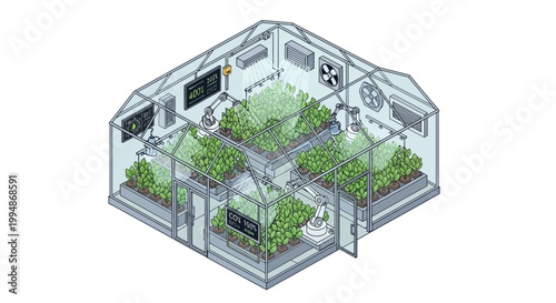 High-Tech Automated Smart Greenhouse with Robotic Arms and Digital Monitoring Systems Isometric Illustration