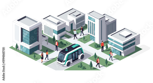 Isometric Smart City Illustration with Autonomous Electric Shuttle, Modern Architecture, and Pedestrians in a Future Urban Environment
