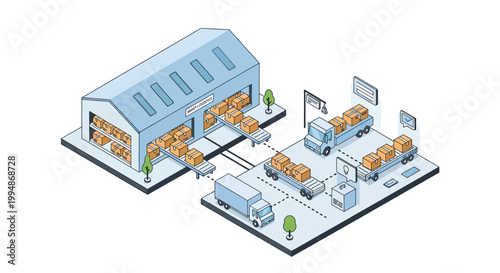 Isometric Smart Logistics Warehouse Illustration with Delivery Trucks and Conveyor Belts for Global Supply Chain Management