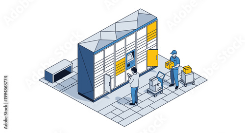 Isometric Smart Parcel Locker Illustration with Delivery Worker and Customer using Smartphone. Automated Package Pickup Station for E-commerce Logistics and Shipping.