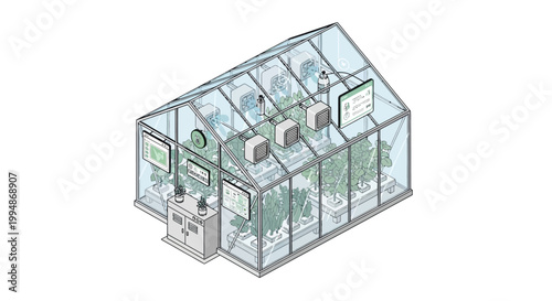 Isometric Smart Greenhouse Illustration with Automated IoT Monitoring Systems and Hydroponic Vertical Farming Technology for Sustainable Agriculture