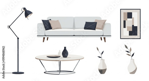 Modern Living Room Furniture Set with Sofa Coffee Table and Floor Lamp.