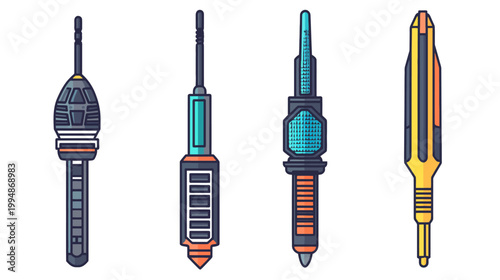 Four stylized illustrations of futuristic, sci-fi weapons or tools, each with unique geometric designs