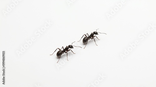 Two black ants side by side on white background, segmented bodies with head, thorax, abdomen, six legs, antennae, walking in same direction, simple minimal insect depiction.