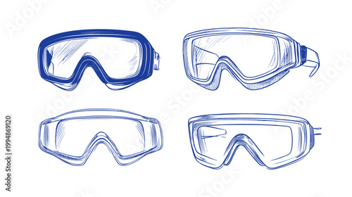A hand-drawn illustration featuring four different styles of protective eyewear