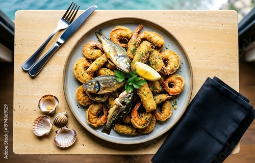 Plate of Fritto Misto di Pesce with grilled shrimp, small fish, lemon wedge, clams, sprig of parsley on wooden cutting board. Concept of mixed fried seafood with lemon parsley.
