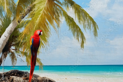 Colorful Parrot Sits on a Rock Near the Shore With Palm Trees and Blue Ocean ...