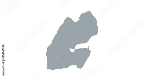 A grayscale abstract silhouette depicts a landmass with irregular edges and a coastal indentation high quality professional detailed