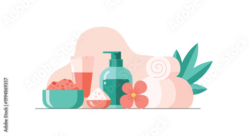 An aesthetic flat vector illustration featuring spa essentials like lotions, bath salts, a flower, and a towel in soft pastel tones.