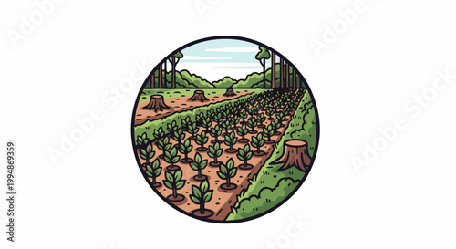 Rows of young plants cultivated in a cleared forest area with tree stumps