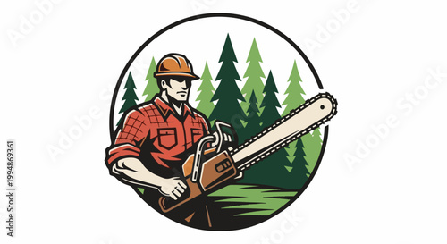 Rugged lumberjack in a plaid shirt and hard hat operates a chainsaw amidst a forest scene within a circular frame