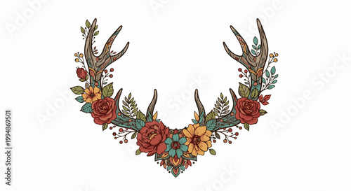 Rustic antler adorned with vibrant, stylized flowers and leaves in a bohemian arrangement