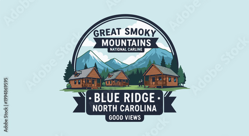 Rustic cabins amidst misty mountains and pine trees, a vintage travel emblem