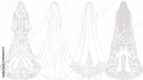 A set of four white wedding veil designs in line art. Each shows a different style, lace, and drape