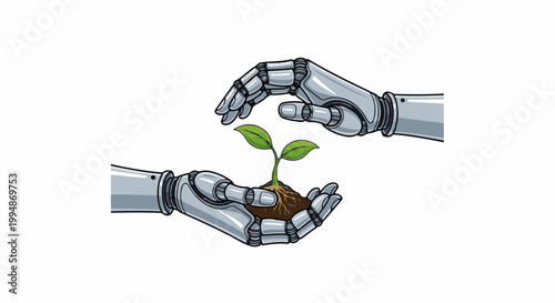 Robotic hands gently cradling a small plant, symbolizing growth and care