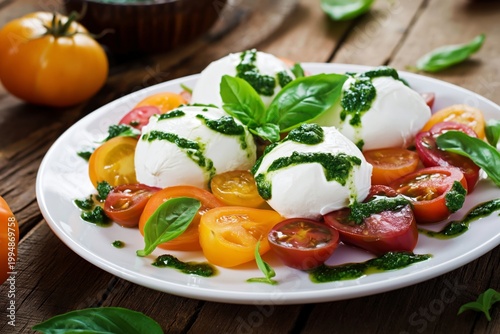 Fresh Tomatoes and Mozzarella Cheese With Pesto on a Wooden Table During Daytime