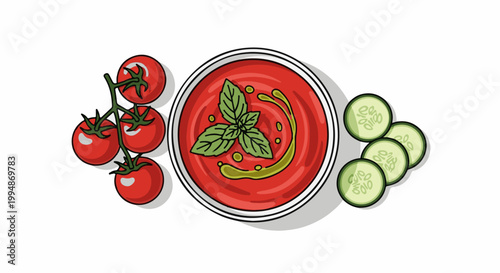 Refreshing tomato soup with fresh basil, olive oil drizzle, cherry tomatoes, and cucumber slices
