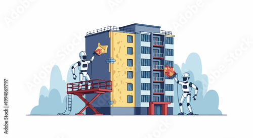 Robots paint a building using a scissor lift and spray paint