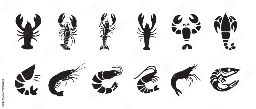 Fototapeta premium Shrimp and lobster set black silhouette icons, seafood vector elements, prawn, crayfish symbol