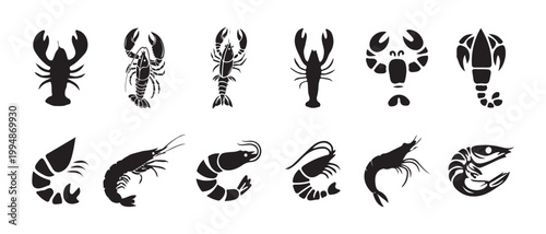 Photos Shrimp and lobster set black silhouette icons, seafood vector elements, prawn, c