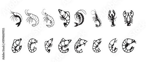 Shrimp and lobster black and white vector icons set, seafood elements, prawn and crayfish