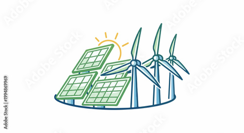 Renewable energy sources solar panels and wind turbines under a bright sun