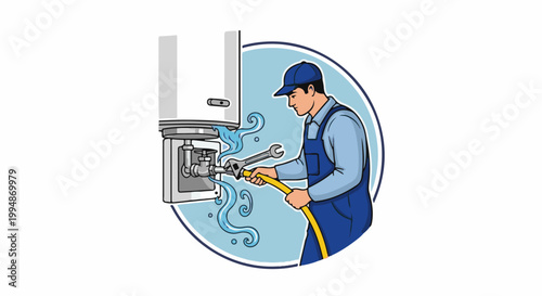 Repairman fixes a water heater with a wrench and hose