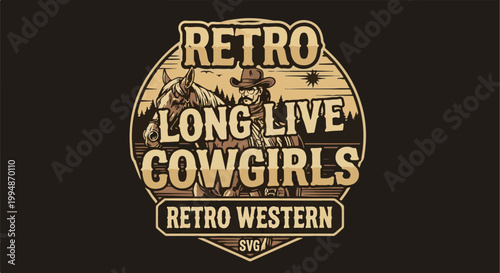 Retro cowgirl on horseback in western landscape with vintage text