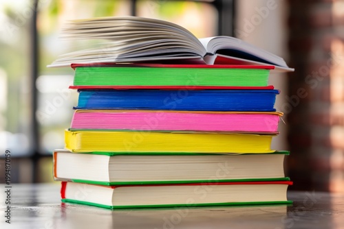 Stack of Colorful Books With One Open on Top in a Sunny Indoor Space Near a W...