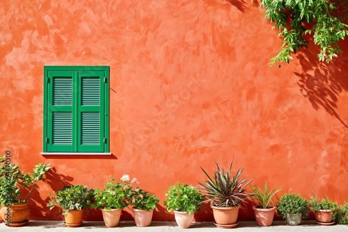 Colorful Wall With Green Shutters and Potted Plants in a Sunny Garden Setting
