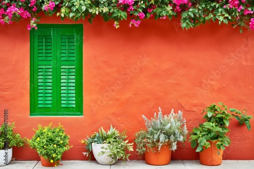 Colorful Wall With Green Shutters and Potted Plants in a Sunny Garden Setting