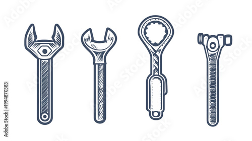 Four stylized mechanic's tools open-end wrench, adjustable wrench, socket wrench, and ratchet